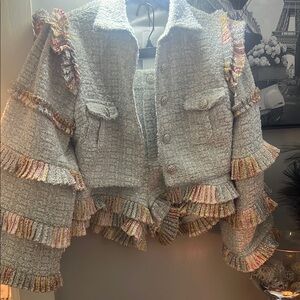 Stylish Textured Tweed Jacket with Metallic Fringe jacket L, shorts Xl